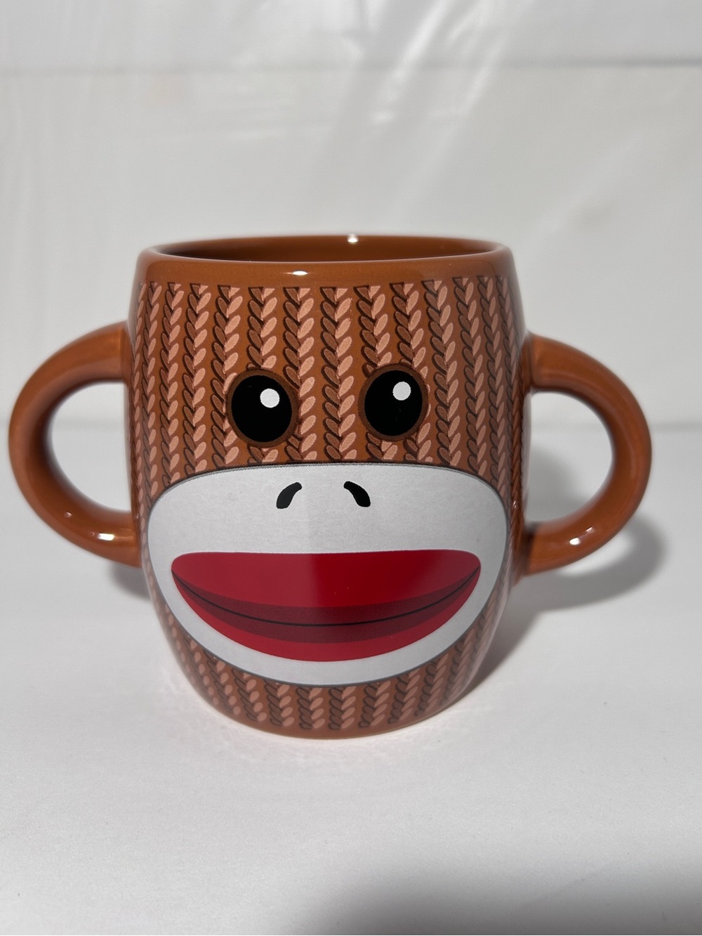 Galerie Sock Monkey Mug Double Handle Brown Ceramic Novelty Coffee Cup